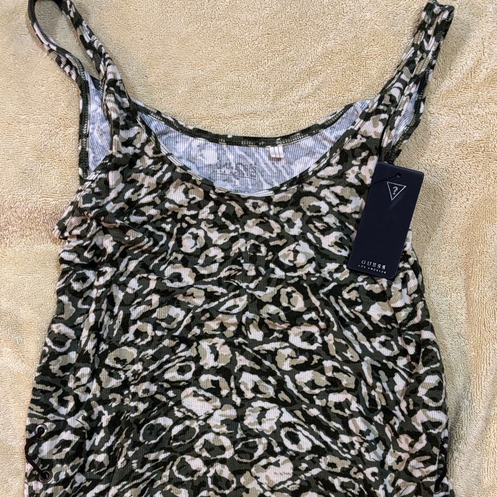 GUESS Olive Green & Cream Leopard-Print Ribbed Cami